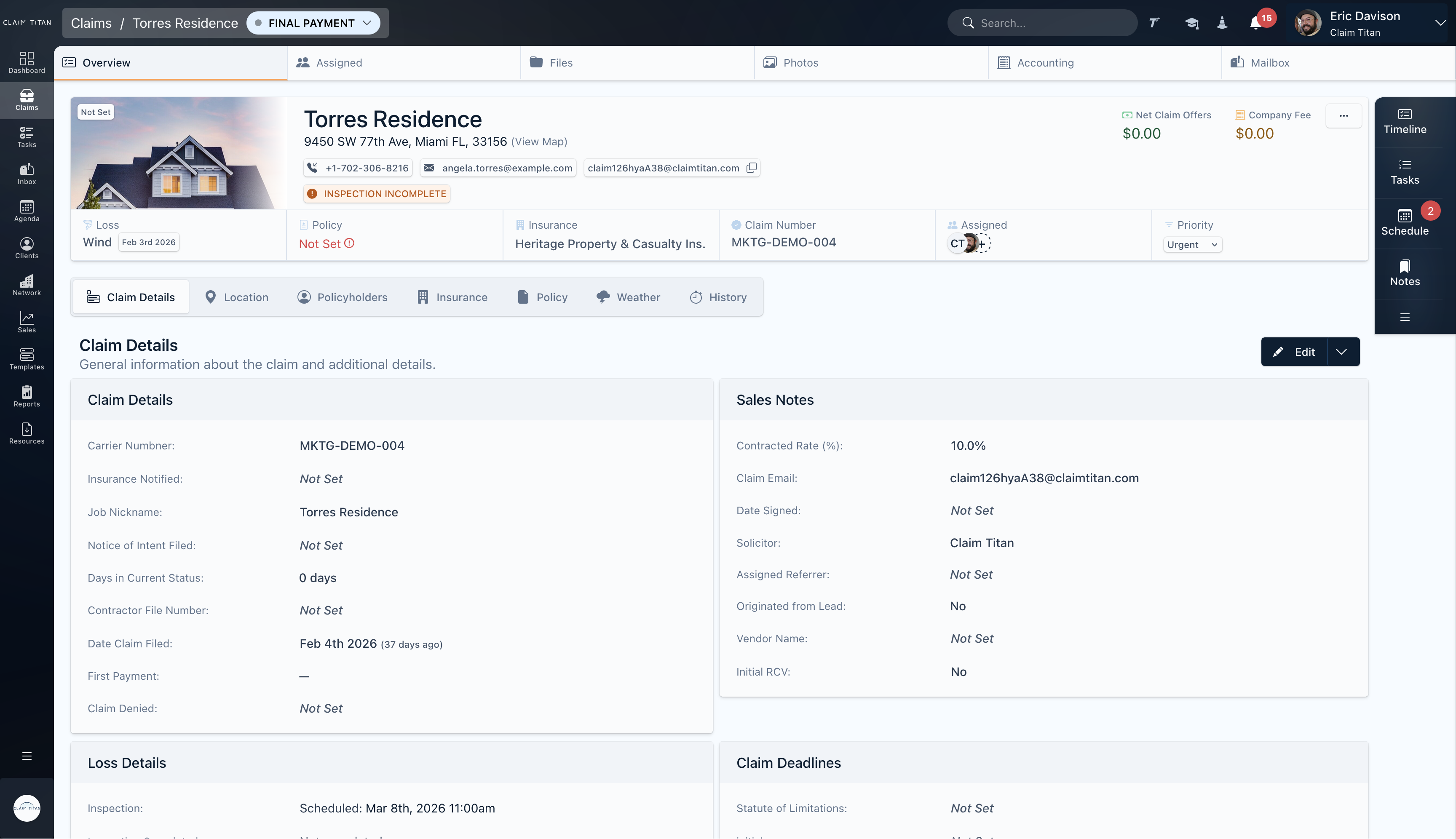 Claim Titan claims management platform showing claim details, financials, and carrier correspondence